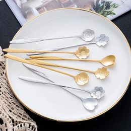 Coffee Scoops 8pcs Cherry Blossom Spoon Cute Creative Stainless Steel Long Handle Teaspoons Ice Cream Honey Dessert Spoons Stir Tool