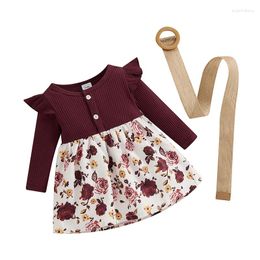 Girl Dresses Toddler Baby Fall Winter Clothes Dress Flower Print Ribbed Patchwork Ruffled A-Line Skirt Infant Outfits