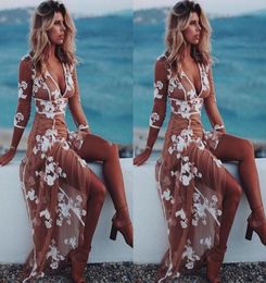 Sexy Boho Evening Dresses V Neck 34 Long Sleeves lace Appliques Tulle Beach Women039s Dress Floor Length Illusion Prom Dresse2447037