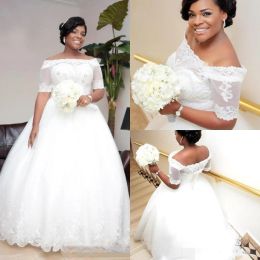 Elegant Off the Shoulder Wedding Dresses Short Sleeves Lace Applique Beaded A Line Floor Length African Wedding Gown