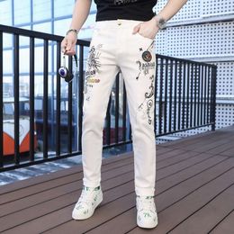 Xintang New Spring and Autumn New White Jeans Men's Slim Fit Small Straight Leg Pants Tiger Print Hot Stamped Men's Pants
