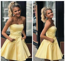 Cute Yellow Homecoming Dresses Satin Strapless A Line Custom Made Plus Size Ruched Short Mini Above Knee Length Cocktail Party Gowns
