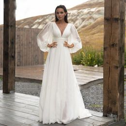 Simple Puff Sleeve Wedding Dress V-neck Long A Line Backless Beach Bride Gown Sweep Train Chiffon Vestido De Novias