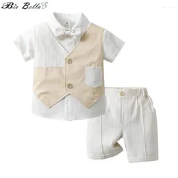 Clothing Sets Gentleman Kids Outfit For Boys Summer Cotton Suit Plaid Vest And Shorts Shirt With Bow Birthday Party