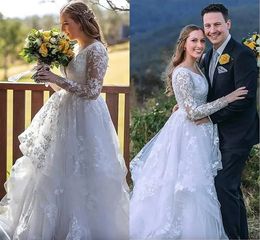 Tulle Romantic Lace Wedding Dresses Sheer A Line Long Sleesves Appliques V Neck Bridal Gowns Plus Size Robes De Mariage