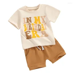 Clothing Sets Kids Boys Shorts Set Short Sleeve Letters Print T-shirt With Elastic Waist Toddler Birthday Outfit