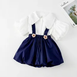 Clothing Sets 2024 Brand Baby Girls Summer Set Beaded White Tops Shirts Dress Elegant Kids Children Birthday 2pcs Clothes Outfit