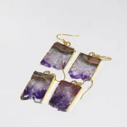 Dangle Earrings Natural Purple Crystal Quartz Stone For Women Female Big Raw Rectangle Slice Geode Druzy Amethyst Gold Plated 1 Pair