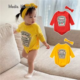 One-Pieces Ins jumpsuit spring autumn thin bodysuit cute baby girl boy cotton sauce costume western style twins clothing with headband