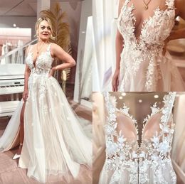 Boho Floral Lace Appliqued Country A Line Wedding Dresses Spaghetti Straps Romantic Tulle Bridal Gowns Sexy Side Split Plus Size Bride Marriage Vestidos