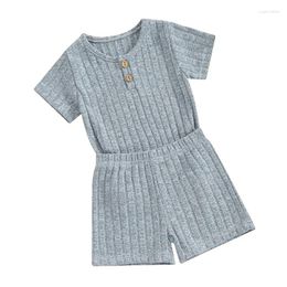 Clothing Sets Toddler Baby Boy Girl Summer Clothes Plain Colour Ribbed Knit Short Sleeve Button T-Shirt Tops Elastic Waist Shorts Set Casual