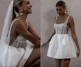 Vintage Short A Line Wedding Dress 2024 Spaghetti Straps Pearls Top Satin Backless Satin Bridal Bride Party Gown Vestidos De Noiva Robe De Mariage