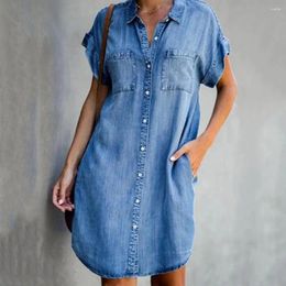 Casual Dresses Ladies Dress Button Pocket Short Sleeve Lapel Solid Color Daily Wear Single-breasted Side Split Denim Female Clothes