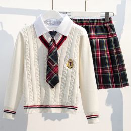 Vestidos conjuntos para meninas uniformes escolares gêmeos crianças fantasia crianças terno de suéter de suéter de saia para adolescentes 6 8 9 10 12 14 anos