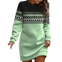 Casual Dresses Contrasting Colour Splicing Dress Geometric Print Warm Pullover Mini For Women Retro Matching Patchwork Long Sleeve