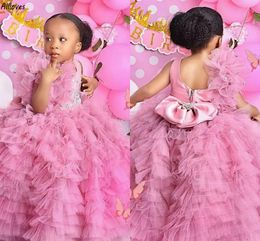 Pink Puffy Tutu Skirt Princess Flower Girl Dresses With Big Bow Sequins Little Girl's Pageant Party Gowns Long Toddler Formal Birthday First Communion Dress CL3283