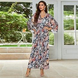 Ethnic Clothing 2024 Summer Print Maxi Dress Long Sleeve Tunic Spring Autumn Beach Casual Plus Size Women Beachwear Kaftan