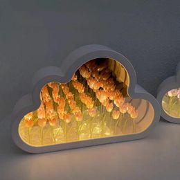 DIY Cloud Tulip LED Night Light Girl Bedroom Ornaments Creative Po Frame Mirror Table Lamps Bedside Handmade Birthday Gifts 240127