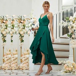 Green Asymmetrical Bridesmaid Dresses Spaghetti Strap Tiere High Low Wedding Guest Dress High Low Pleat Formal Party Gown
