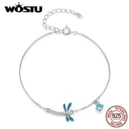 Bangles WOSTU 925 Sterling Silver Dragonfly Bracelet Bluegreen Enamel Accessories for Women Adjustable Chain Fine Jewerly Wedding Gift