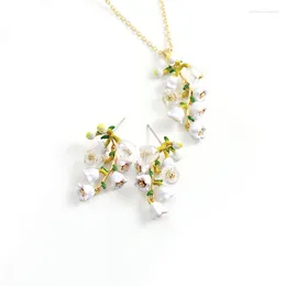 Stud Earrings White Lily Of The Bell String Green Leaf Branch Ear Studs Enamel Jewellery