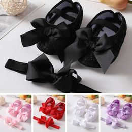 Athletic Outdoor Newborn Baby Girl Christening Shoes Headband Set Soft Sole Lovely Princess Lace Bowknot Infant Non Slip First WalkerL2401