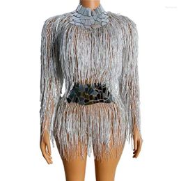 Stage Wear Mirror Tassel Bodysuit Mesh Transparent Backless Jazz Dance Costume Nightclub Female DJ Singer Dancer Performance Fringe Leotard