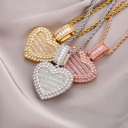 18k Gold Heart Necklace Locket Bling Cubic Zircon Jewellery Set Photo Frame Openable Love Diamond Hip Hop Necklaces Women Girl Gift Fashion