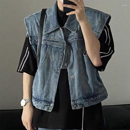 Men's Vests Denim Vest Jacket Summer High Street Retro Loose Washed Old Sleeveless Jackets Turndown Collar Single-breasted