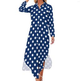Casual Dresses Polka Dots Dress Navy Blue And White Street Fashion Long Sleeve Beach Lady V Neck Pattern Big Size Chiffon