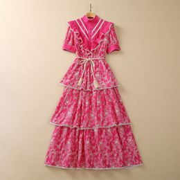 2023 Hot Pink Floral Embroidery Cotton Dress Short Sleeve Stand Collar Ruffled Long Maxi Casual Dresses S3M120309