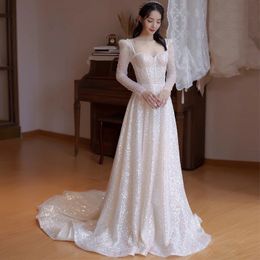 Luxury A Line Wedding Dresses 2023 pearl Beaded bling Appliques Plus Size Bridal Party Gowns Robe De Marriage Beach Custom Made Sweep Train Boho Chic A Line shiny gown