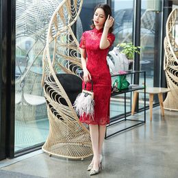Ethnic Clothing 2023 Summer Lace Mid-length Cheongsam Improved Fresh Banquet Performance Slim Asian Qipao Party Evening Wedding Dress For