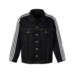 Men New High Street Fashion Brand Three Bar Stripe Spliced Washed Silhouette Denim Jacket