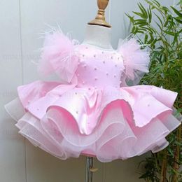 Girl Dresses Pink Puffy Flower Dress Real Picture Pearls Girls Princess Wedding Party Knee-Length First Communion Gown