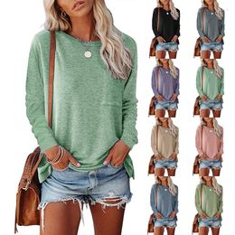 Women's T Shirts Spring And Autumn Fashion Clothing Round Neck Pocket Slit Long Sleeve Casual Loose Top Bottoming T-shirt Lady