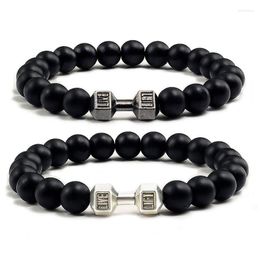 Strand Natural Volcanic Stone Bracelet Men Matte Black Lave White Beads Charm Dumbbell Bracelets Women Barbell Fitness Jewelry