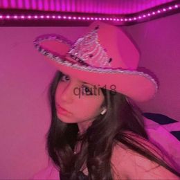 Ball Caps Western Style Cowboy Hat Pink Women's Fashion Party Cap Warped Wide Brim with LED Sequin Decoration Crown Tiara Cowgirl Hat x0927