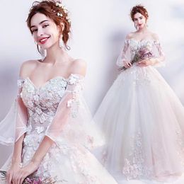 Luxury Arabic a line Wedding Dresses 2023 Princess Long Sleeves 3D flowers beaded Wedding Gowns Turkey Flower Lace details Off Shoulder crystal Robe Mariee Dubai