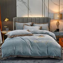 Bedding Sets Bed Sheet Set Light Luxury Cotton Velveteen Embroidered Quilt Cover Pillowcase Four-piece Solid Colour Flannel