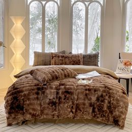 Bedding sets Luxury Gradient Caramel Brown Faux Rabbit Fur Velvet Fleece Bedding Set Fluffy Soft Duvet Cover Blanket Bed Sheet Pillowcases 230809