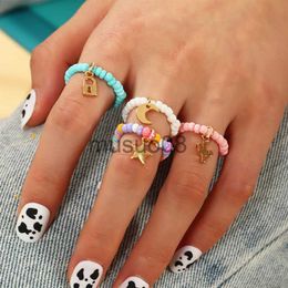 Band Rings 4Pcs/set Fashion Colorful Rice Bead Rings Star Moon Pendant Ring Set Adjustable Handmade Fun Finger Ring For Women Girls Jewelry J230817