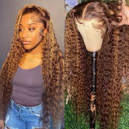 Highlight Ombre Curly Human Hair Wigs HD Transparent 220%density Lace Front Wig Blond 32 Inch Deep Wave 13x6 Lace Frontal Wig for Women