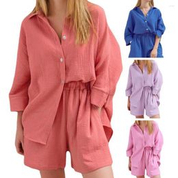 Women's Tracksuits 2 Pcs/Set Women Shirt Shorts Set Single-breasted Loose Three Quarter Sleeve High Waist Casual Spring Fall Blouse Suit