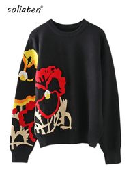 Women's Sweaters Black Floral Embroidery Pullover Women Boho Long Sleeve O Neck Autumn Winter Jumper Top Loose Knitted Sweaters C-010 230301