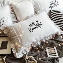 Pillow Case DUNXDEC French White Shame Cotton Cushion Cover Ins Black Words HELLO BEAUTY Embroidery Girl Room Bedding Decor 48x74CM