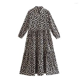 Casual Dresses Women Shirt Dress Vintage Geometric Print Pleats Slim Midi Long Female Chic Ruffles A Line