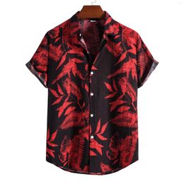 Men's Casual Shirts Black Red Leaf Print Cotton Linen Shirt Men 2023 Summer Slim Fit Short Sleeve Hawaiian Mens Beach Party
