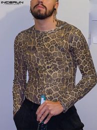 Men s T Shirts INCERUN Tops 2023 American Style Leopard Printing Micro transparent Stretch Camiseta Long sleeved Bottoming T shirts S 5XL 230321