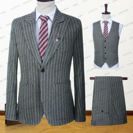 Men's Suits Blazers Men Suits Business Summer British Style Grey Linen White Stripe Wedding Dress Banquet Slim Fit 3 Pcs Set Jacket Vest Pants 230509